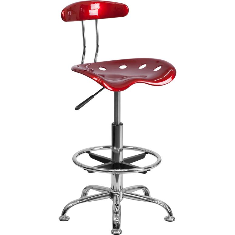 Vibrant Wine Red and Chrome Drafting Stool with Tractor Seat