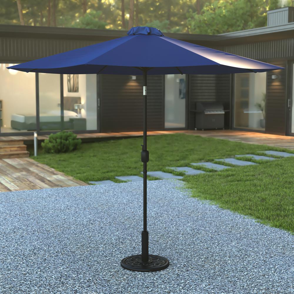 Navy 9 FT Round Umbrella with Crank and Tilt Function and Standing Umbrella Base