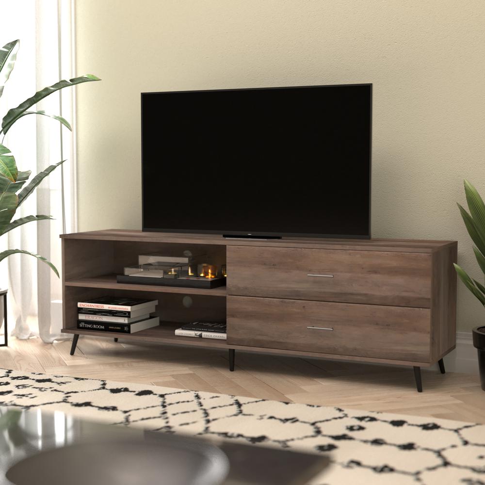 Nelson 65" Mid Century Modern TV Stand for up to 60" TV's with Adjustable Shelf and Storage Drawers, Walnut