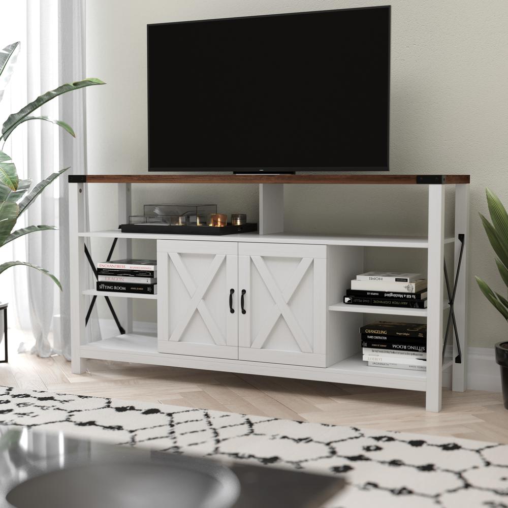 Wyatt 60" Modern Farmhouse Tall TV Stand with Storage Cabinets and Shelves for TV's up to 60", White/Rustic Oak