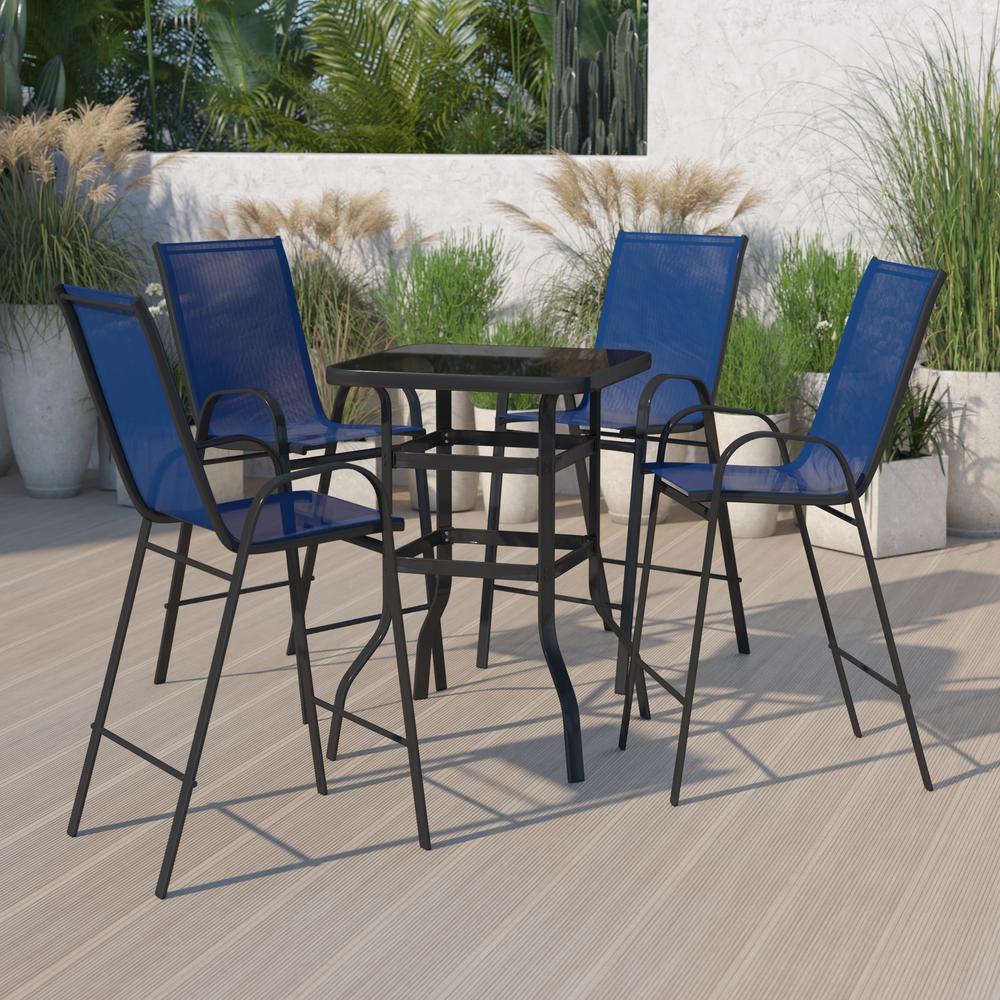 Outdoor Dining Set - 4-Person Bistro Set - Outdoor Glass Bar Table with Navy All-Weather Patio Stools