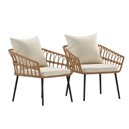Evin Set of 2 Boho Indoor/Outdoor Rope Rattan Wicker Patio Chairs with Cream All-Weather Cushions, Natural