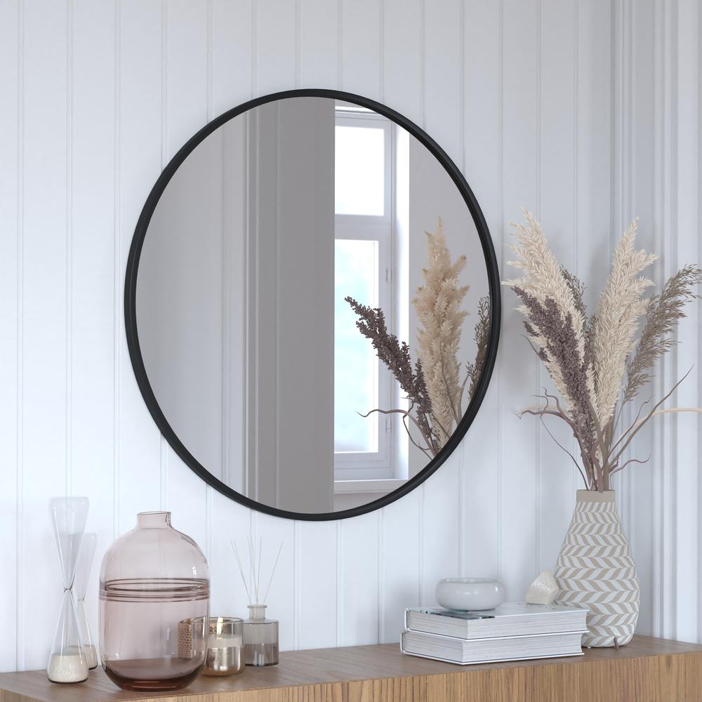 Julianne 30" Round Black Metal Framed Wall Mirror - Large Accent Mirror for Bathroom, Vanity, Entryway, Dining Room, & Living Ro