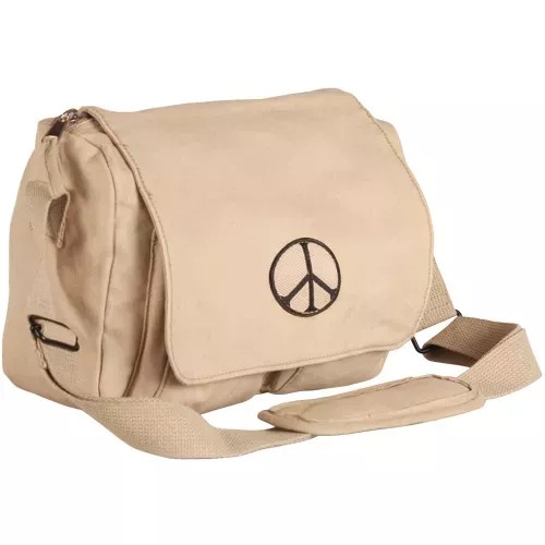 Retro Departure Shoulder Bag With Peace Emblem - Khaki