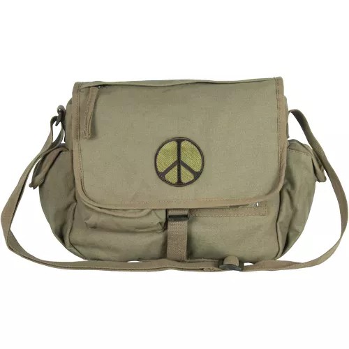 Retro Messenger Bag With Peace Emblem - Olive Drab