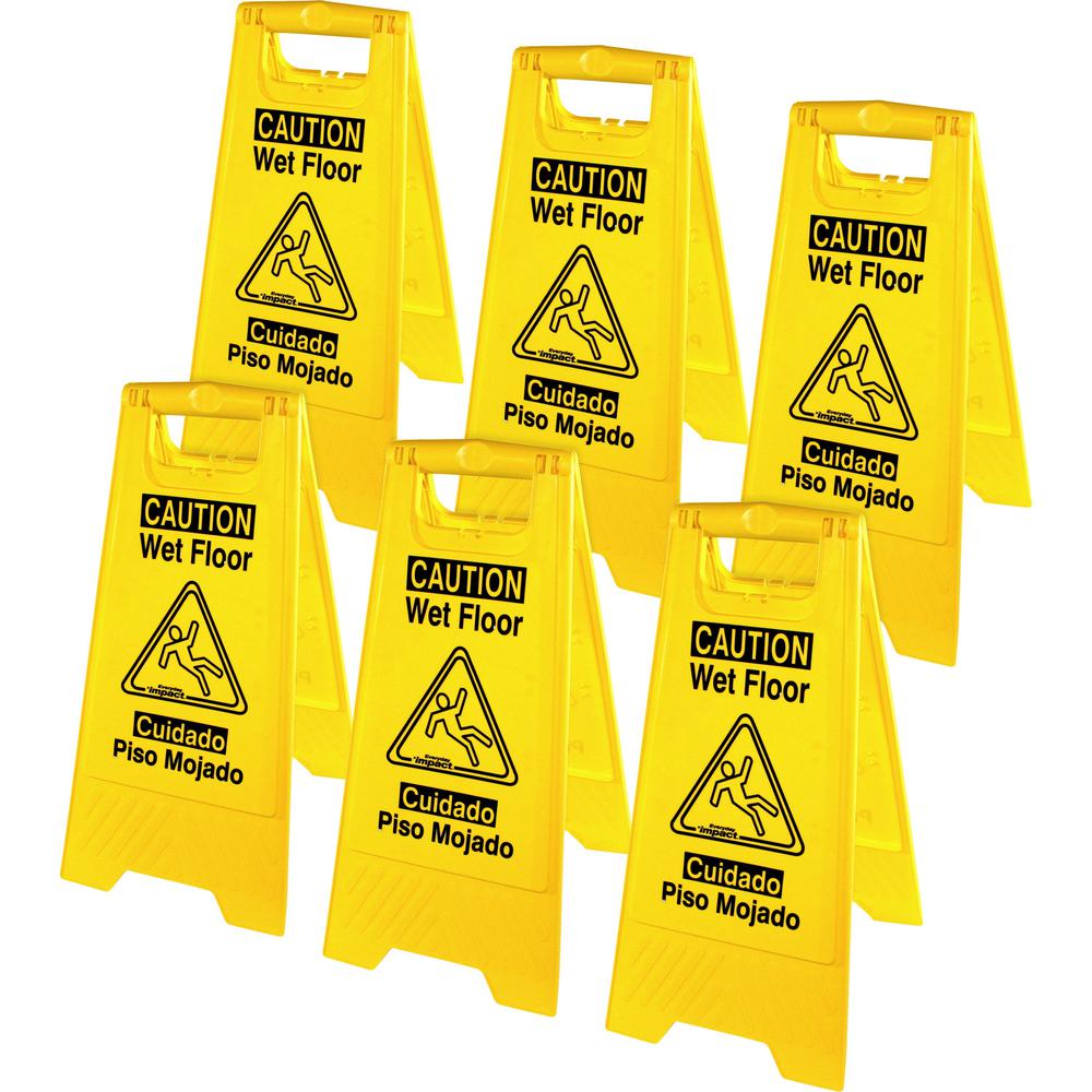 Genuine Joe Universal Graphic Wet Floor Sign - 6 / Carton - Wet Floor Print/Message - Foldable - Yellow