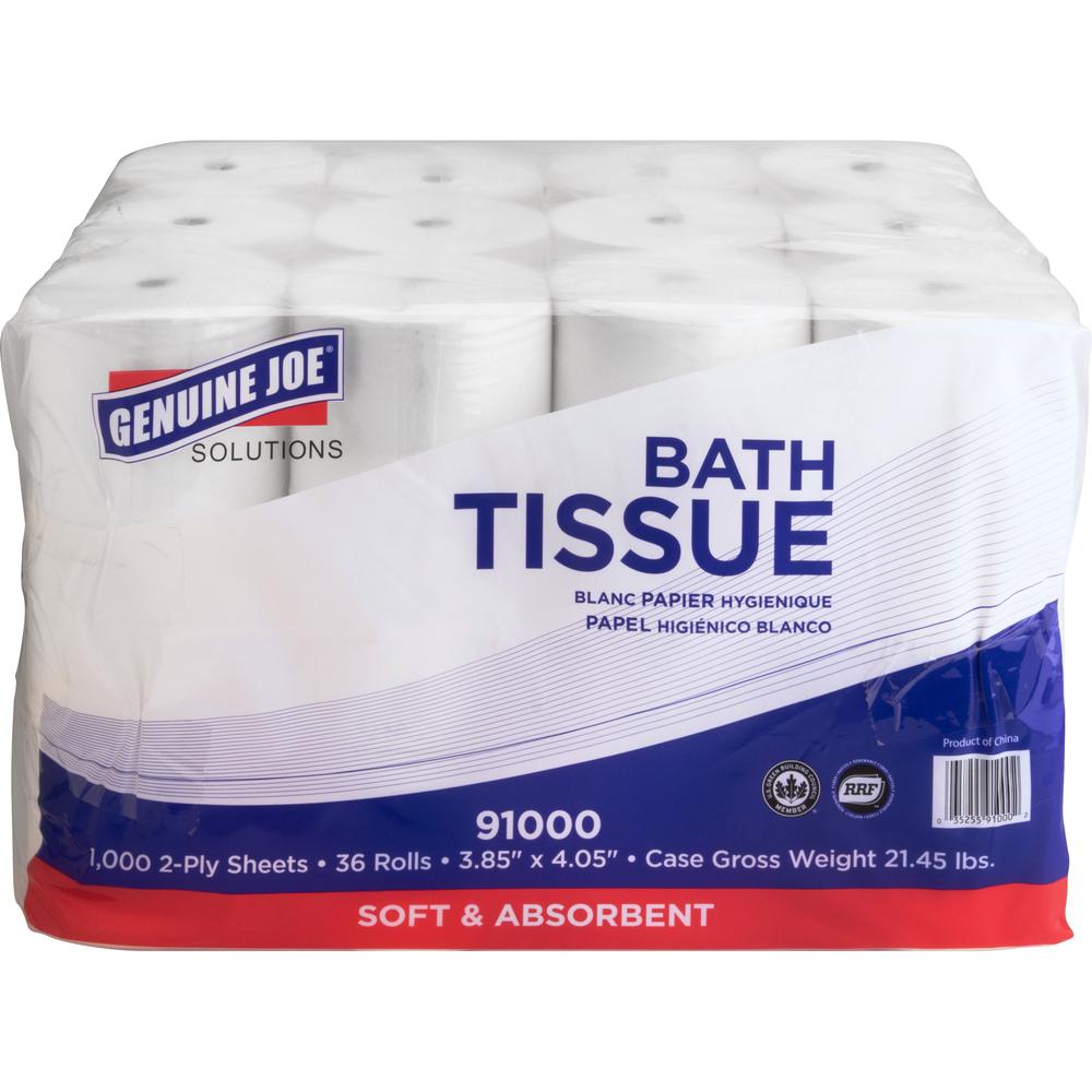 Genuine Joe Solutions Double Capacity Bath Tissue - 2 Ply - 1000 Sheets/Roll - White - Virgin Fiber - Embossed, Chlorine-free - 