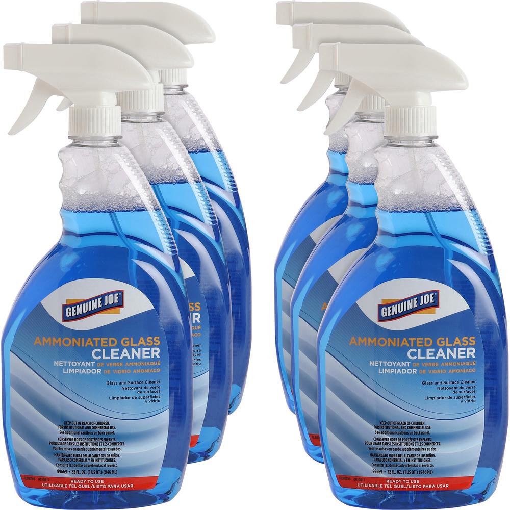 Genuine Joe Ammoniated Glass Cleaner - Ready-To-Use Spray - 32 fl oz (1 quart) - 6 / Carton - Blue