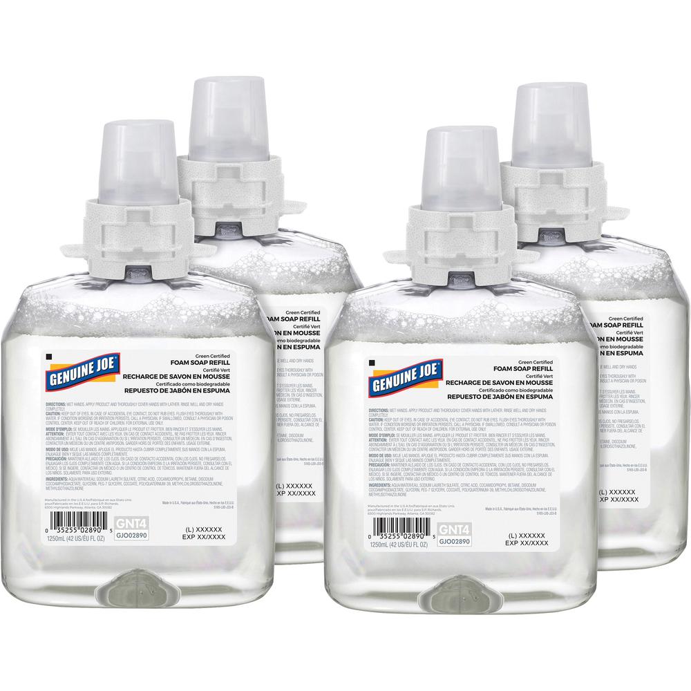 Genuine Joe Green Certified Soap Refill - Fragrance-free Scent - 42.3 fl oz (1250 mL) - Hand, Skin - Clear - 4 / Carton