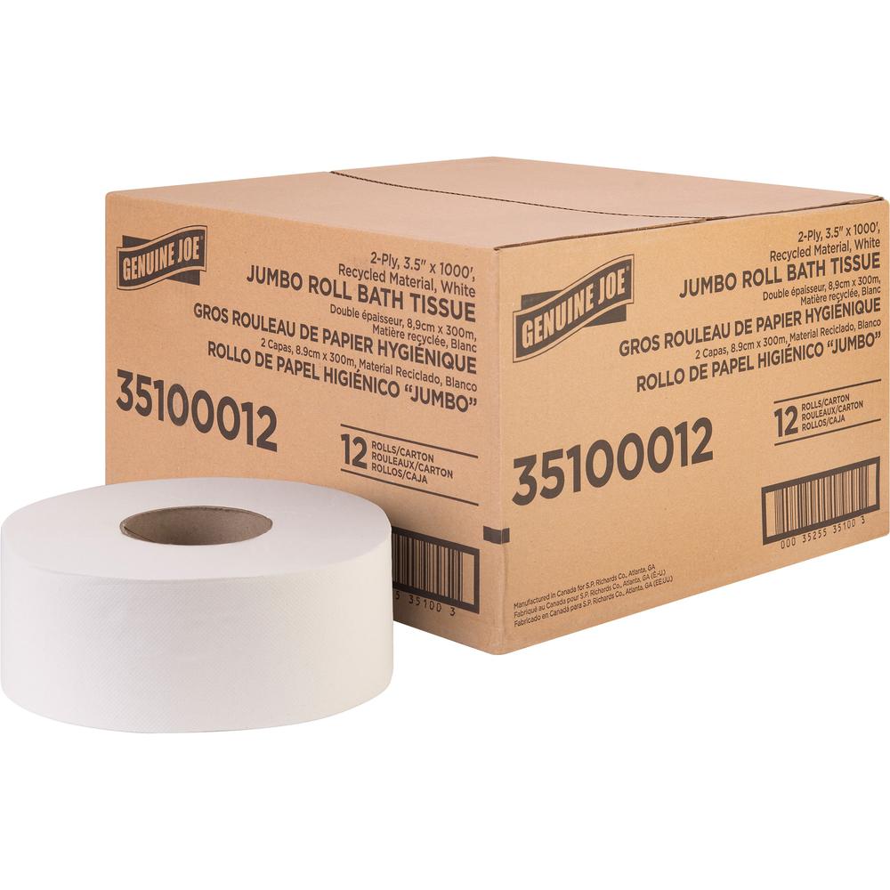 Genuine Joe Jumbo Jr Dispenser Bath Tissue Roll - 2 Ply - 3.50" x 100 ft - 8.88" Roll Diameter - White - Fiber - Sewer-safe, Sep
