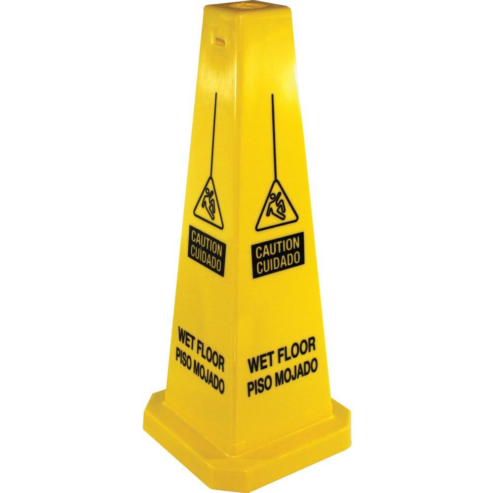 Genuine Joe Bright 4-sided Caution Safety Cone - 1 Each - 10" Width x 24" Height - Cone Shape - Stackable - Polypropylene - Yell