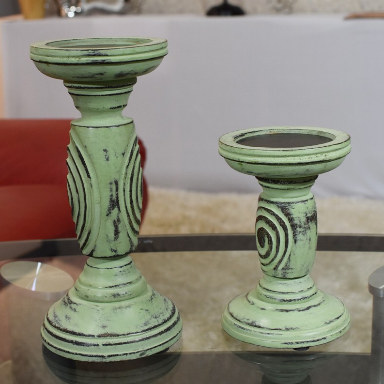 Handmade Wood Eco-friendly Traditional Antique Sage Set Of Two Pillar Candle Holder