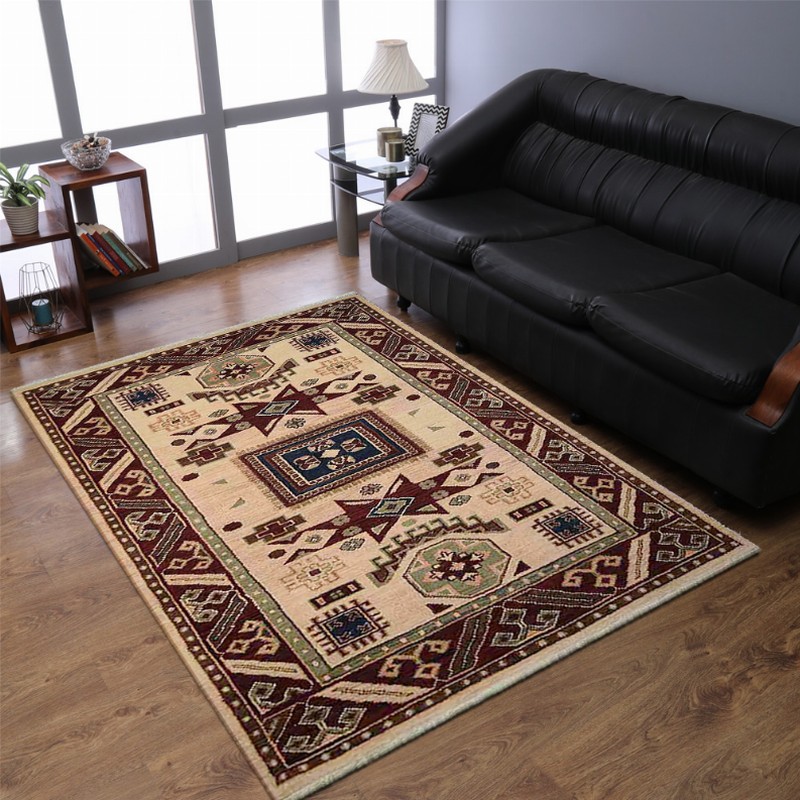 Rugsotic Carpets Hand Knotted Afghan Wool And Silk  Area Rug Oriental Kazak 6'x9' Cream Burgundy