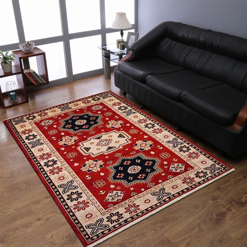 Rugsotic Carpets Hand Knotted Afghan Wool And Silk  Area Rug Oriental Kazak 9'x12' Red Cream