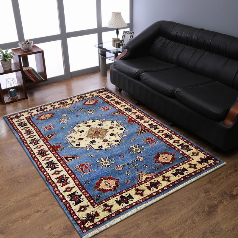 Rugsotic Carpets Hand Knotted Afghan Wool And Silk  Area Rug Oriental Kazak 9'x12' Blue White