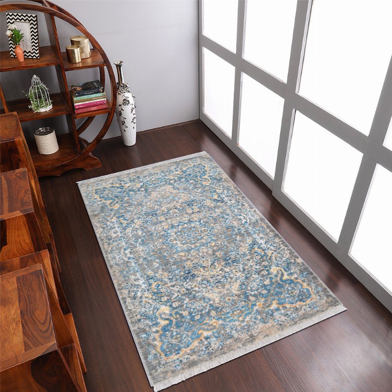 Rugsotic Carpets Machine Woven Crossweave Polyester Area Rug Oriental 1'8''x2'10'' Gray Blue2