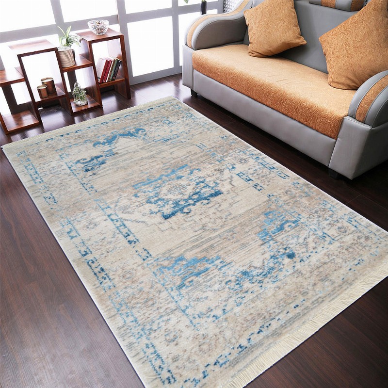 Rugsotic Carpets Machine Woven Crossweave Polyester Area Rug Oriental 5'x7'10'' Ivory Blue3