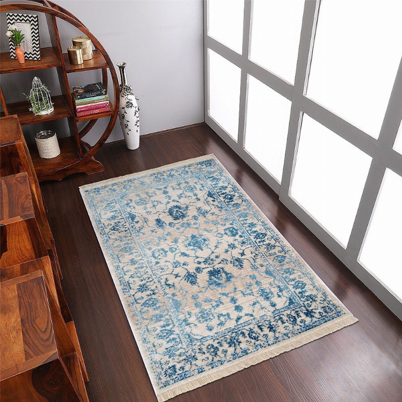 Rugsotic Carpets Machine Woven Crossweave Polyester Area Rug Oriental 5'x7'10'' Ivory Blue2