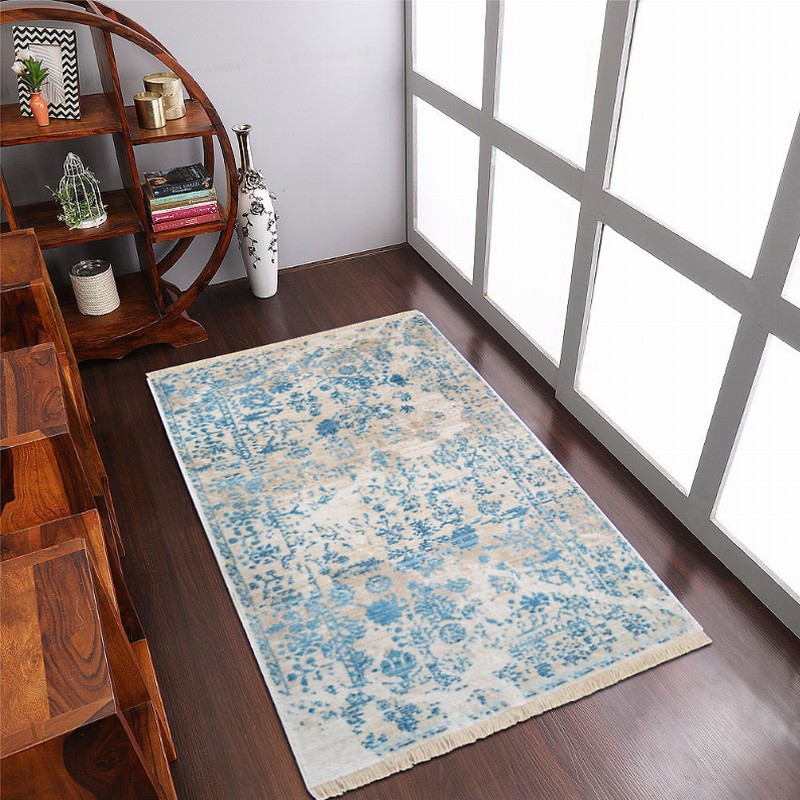 Rugsotic Carpets Machine Woven Crossweave Polyester Area Rug Oriental 3'11''x5'10'' Ivory Blue1