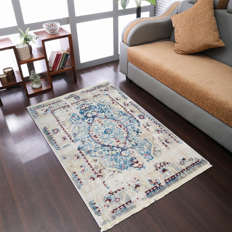 Rugsotic Carpets Machine Woven Crossweave Polyester Area Rug Oriental 5'x7'10'' Ivory Blue