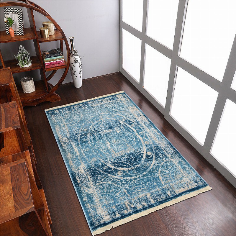 Rugsotic Carpets Machine Woven Crossweave Polyester Blue Area Rug Oriental - 9'x12' Blue5