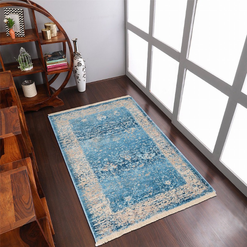 Rugsotic Carpets Machine Woven Crossweave Polyester Blue Area Rug Oriental - 2'x3'10'' Blue4