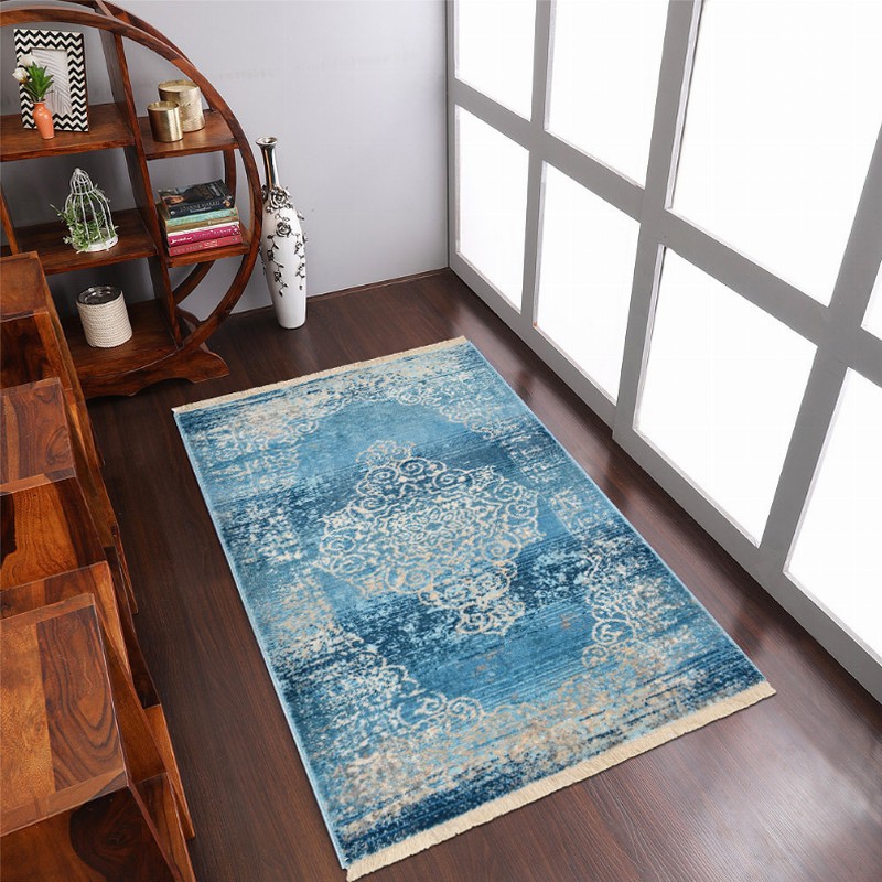 Rugsotic Carpets Machine Woven Crossweave Polyester Blue Area Rug Oriental - 1'8''x2'10'' Blue3