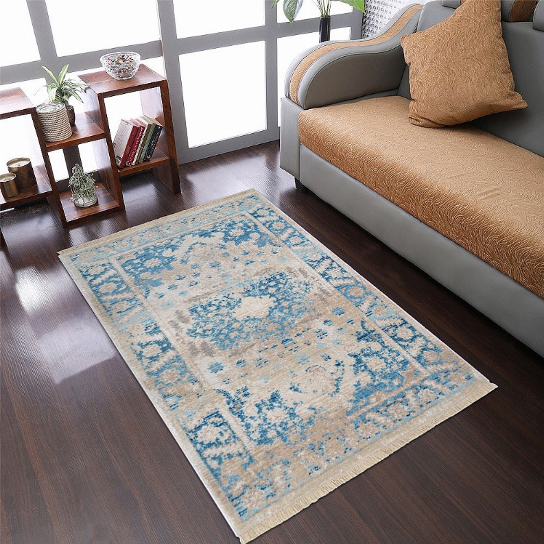 Rugsotic Carpets Machine Woven Crossweave Polyester Blue Area Rug Oriental - 10'x13' Blue2