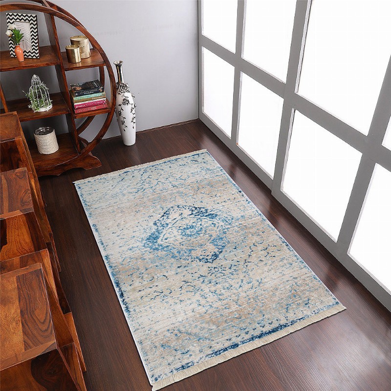 Rugsotic Carpets Machine Woven Crossweave Polyester Blue Area Rug Oriental - 4'8''x6'9'' Blue1
