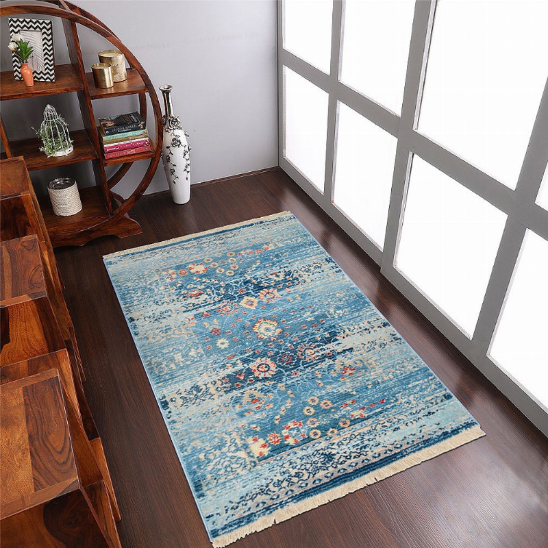 Rugsotic Carpets Machine Woven Crossweave Polyester Blue Area Rug Oriental - 3'11''x5'10'' Blue