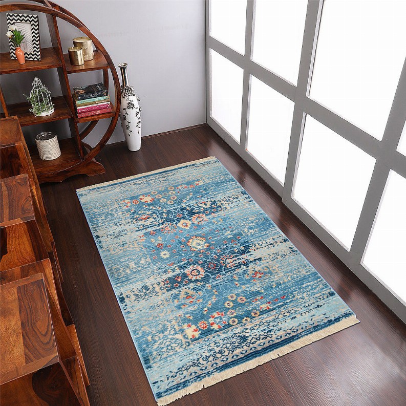 Rugsotic Carpets Machine Woven Crossweave Polyester Blue Area Rug Oriental - 10'x13' Blue