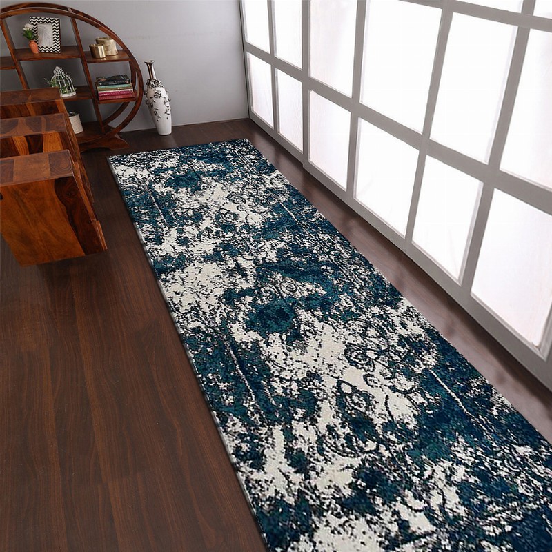 Rugsotic Carpets Machine Woven Heatset Polypropylene 3'2''x10' Runner Area Rug Abstract - 3'2''x10' Ivory Blue2