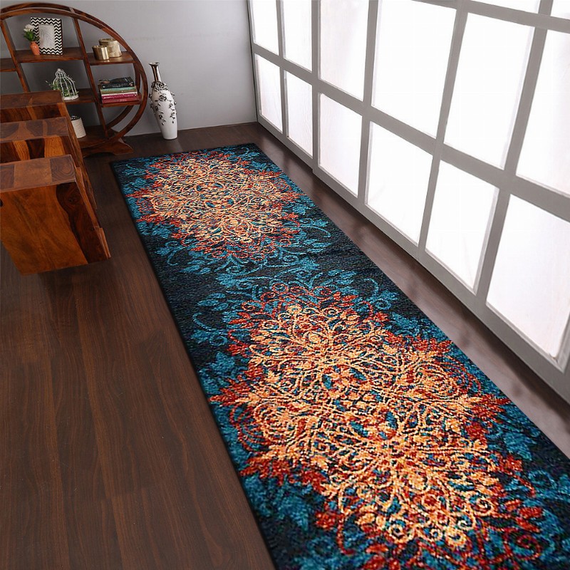 Rugsotic Carpets Machine Woven Heatset Polypropylene 3'2''x10' Runner Area Rug Floral - 3'2''x10' Caramel Blue