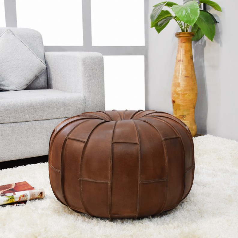 Solid Handmade Buffalo Leather Round Pouf (Recycled Foam with Fibre Fill)