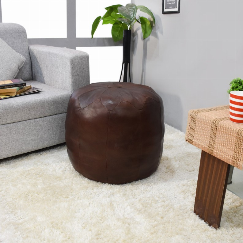 Solid Handmade Goat Leather Round Pouf (Recycled Cotton Fill) - 18x18x18 Brown3