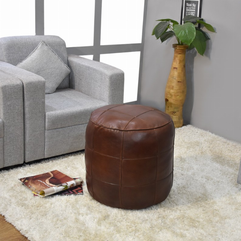 Solid Handmade Goat Leather Round Pouf (Recycled Cotton Fill) - 18x18x18 Brown4