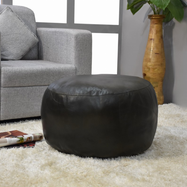 Solid Handmade Goat Leather Round Pouf (Recycled Cotton Fill) - 21x21x12 Green