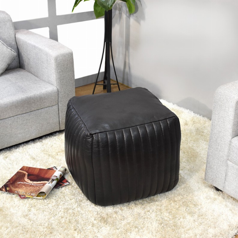 Solid Handmade Goat Leather Square Pouf (Recycled Cotton Fill) - 14x14x14 Black1