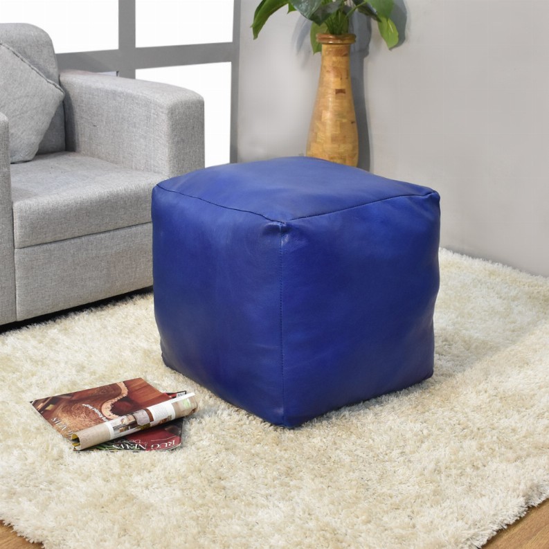 Solid Handmade Goat Leather Square Pouf (Recycled Cotton Fill) - 14x14x14 Blue1