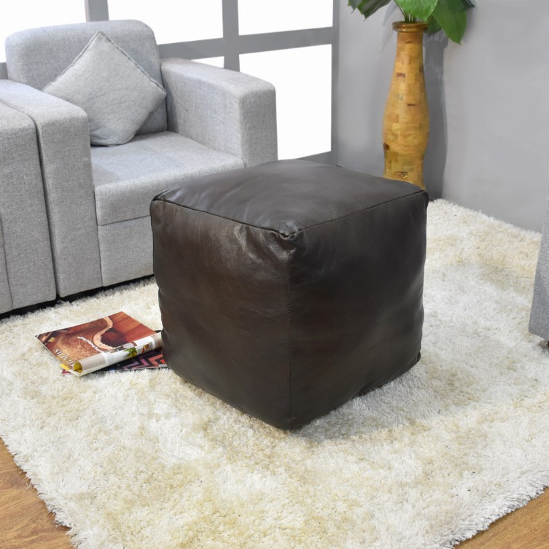 Solid Handmade Goat Leather Square Pouf (Recycled Cotton Fill) - 14x14x14 Brown2