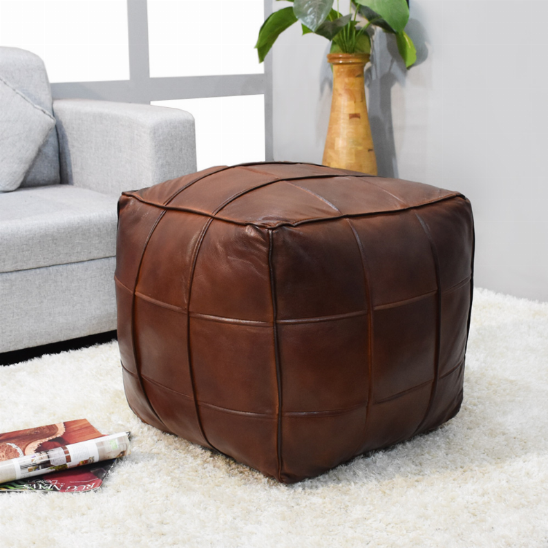 Geometric Handmade Goat Leather Square Pouf (Recycled Cotton Fill)