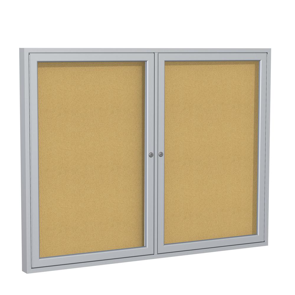 Ghent 2 Door Enclosed Natural Cork Bulletin Board with Satin Frame, 3'H x 5'W