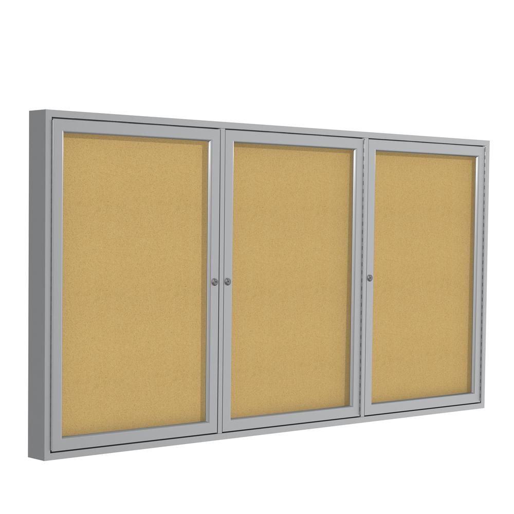 Ghent 3 Door Enclosed Natural Cork Bulletin Board with Satin Frame, 3'H x 6'W