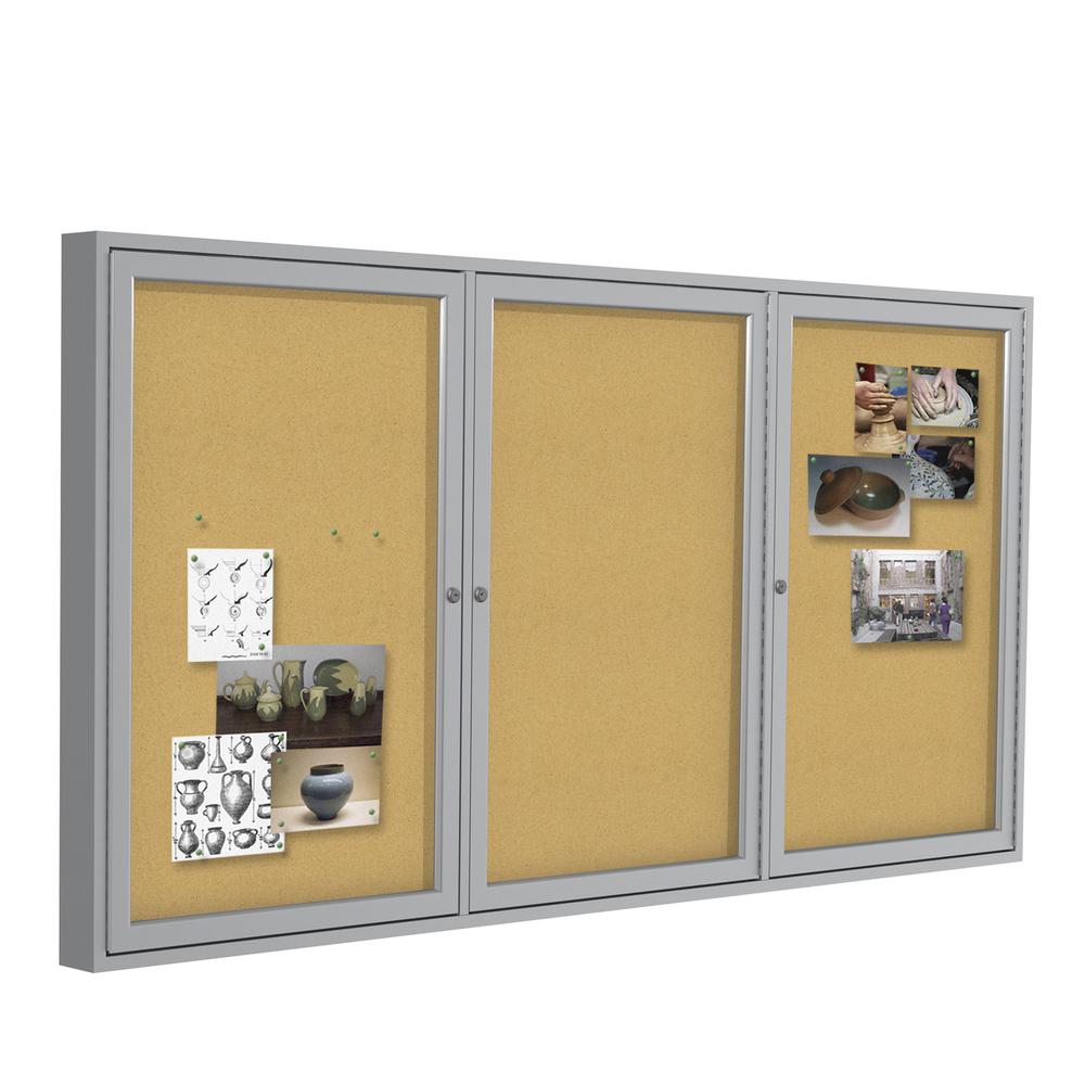 48"x72" 3-Door Satin Aluminum Frame Enclosed Bulletin Board - Natural Cork