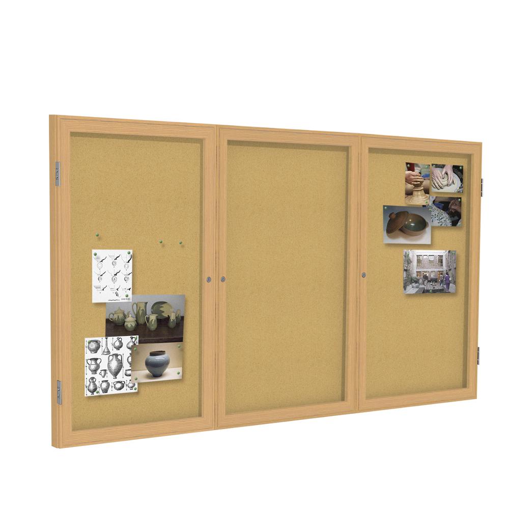 48"x72" 3-Dr Wood Frame Oak Finish Enclosed Bulletin Board - Natural Cork