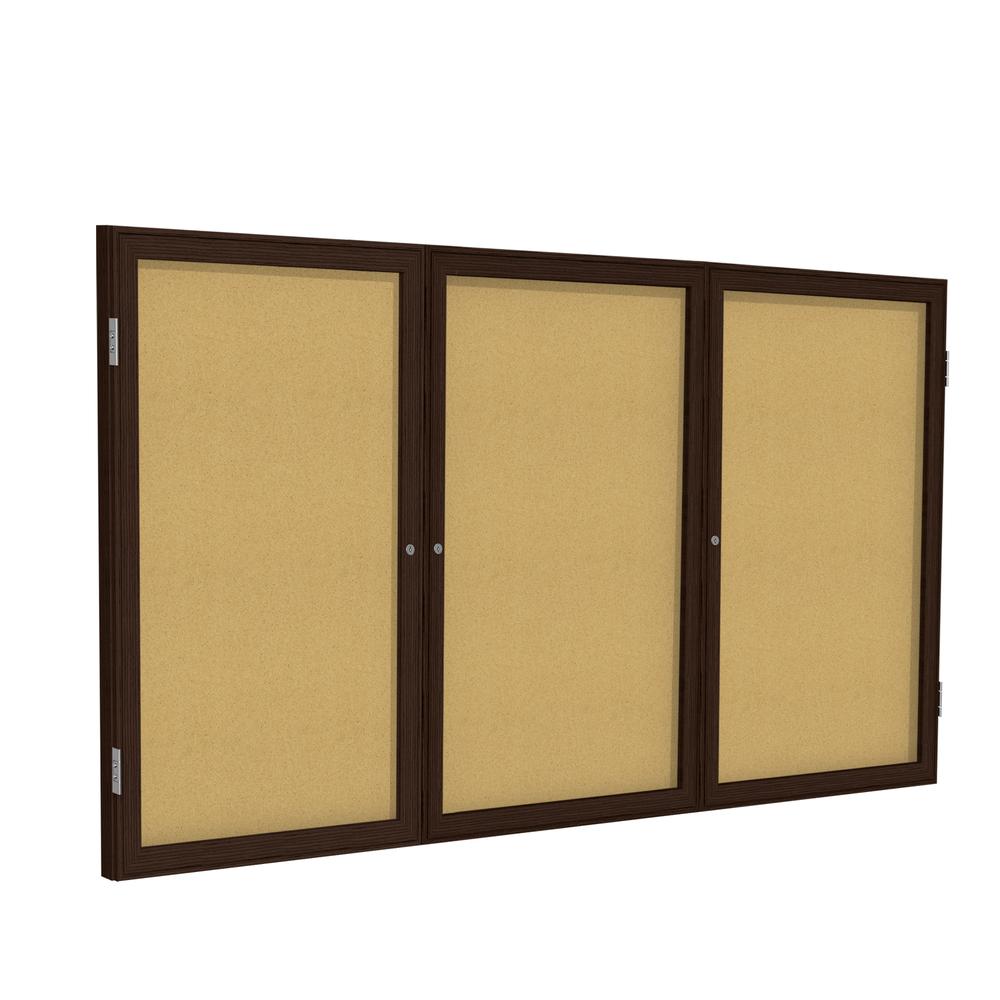 Ghent 48"x72" 3-Door Wood Frame Walnut Finish Enclosed Bulletin Board - Natural Cork