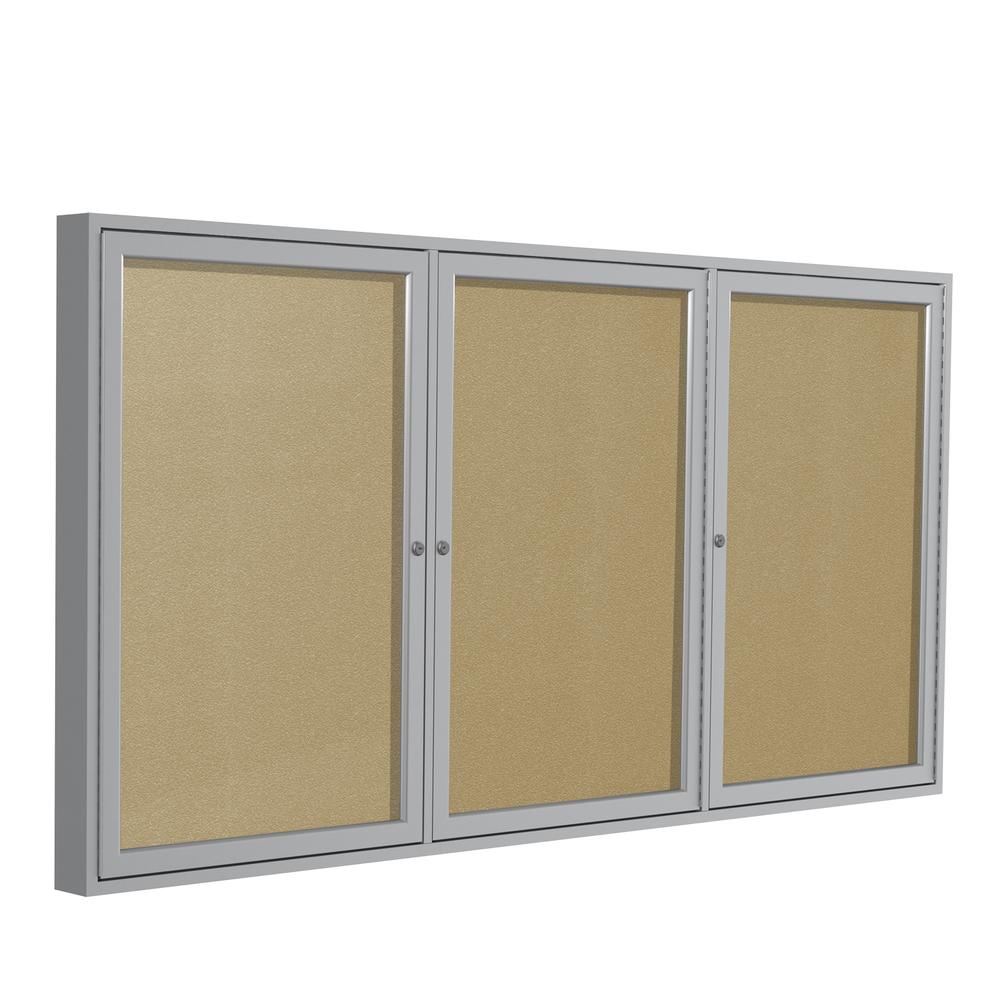 Ghent 3 Door Enclosed Vinyl Bulletin Board with Satin Frame, 4'H x 6'W, Caramel