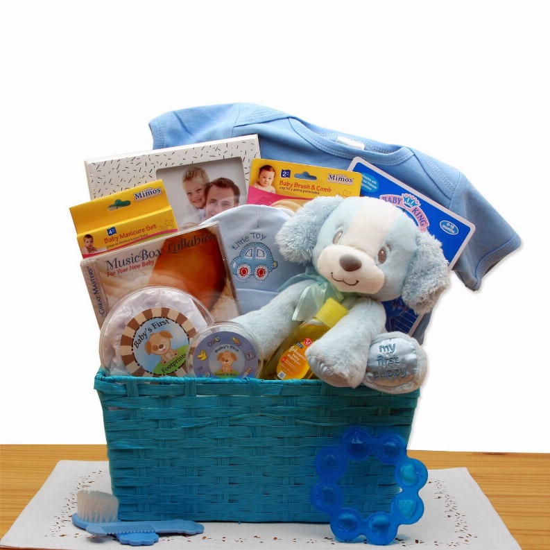 New Baby Gift Baskets - 14x14x10 inPuppy Love New Baby Gift Basket - Blue