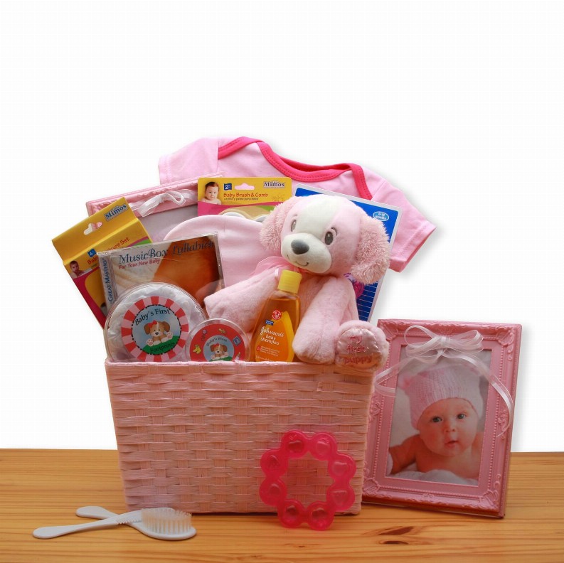 New Baby Gift Baskets - 14x14x10 inPuppy Love New Baby Gift Basket - Pink