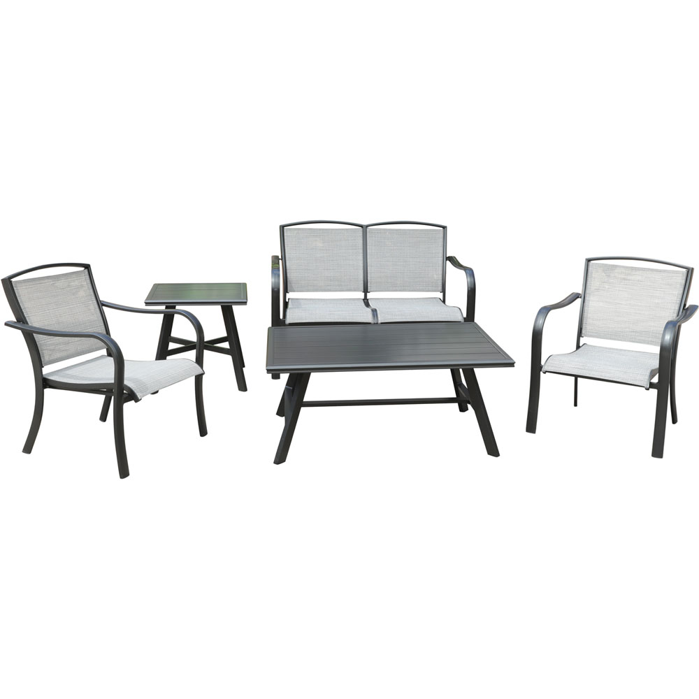 Foxhill 5pc: 2 Sling Chrs, Sling Loveseat, Slat Coffee Tbl, 22" Side Tbl